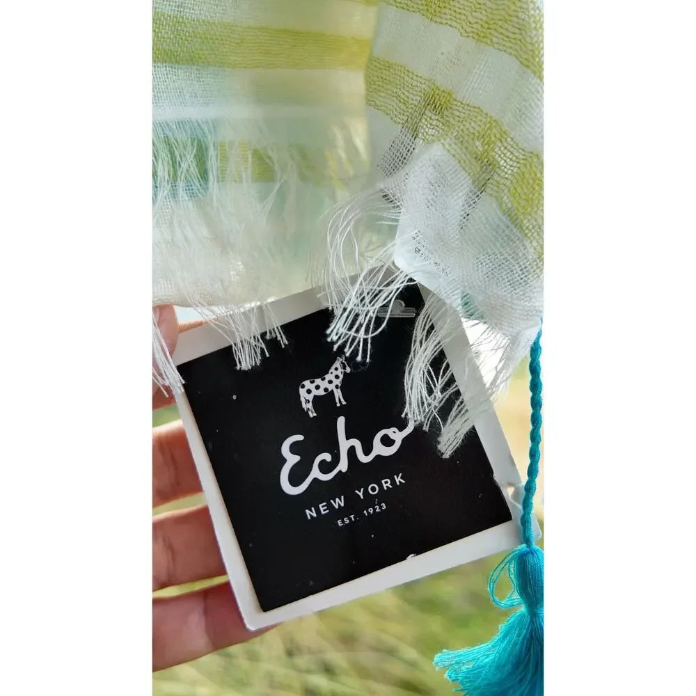 Echo New York Pineapple Print Cotton Scarf Wrap NWT Blue White
